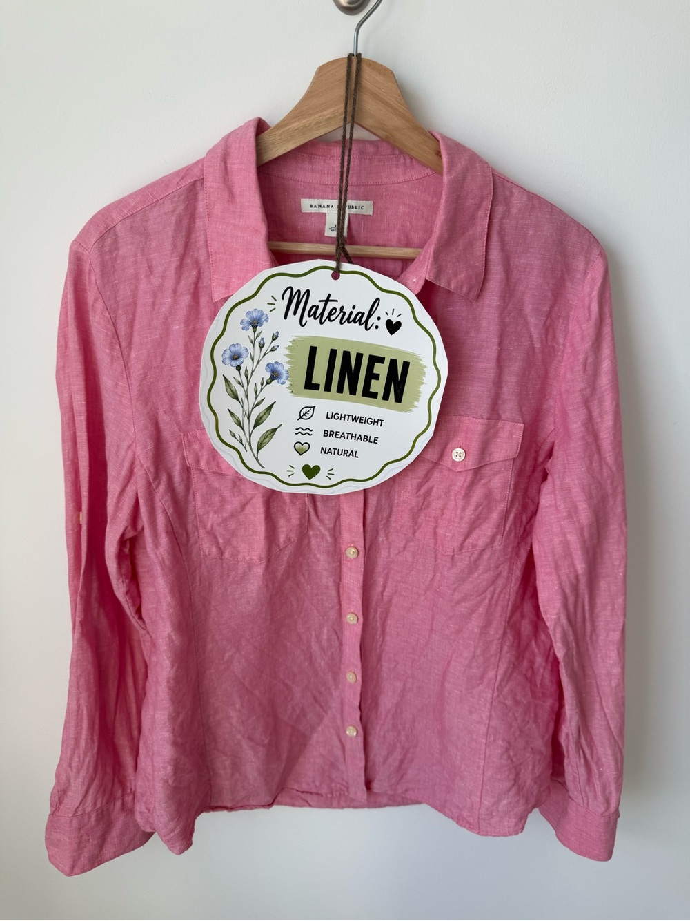 Banana Republic Linen-Cotton Blend Pink Linen Button-Down Shirt | L